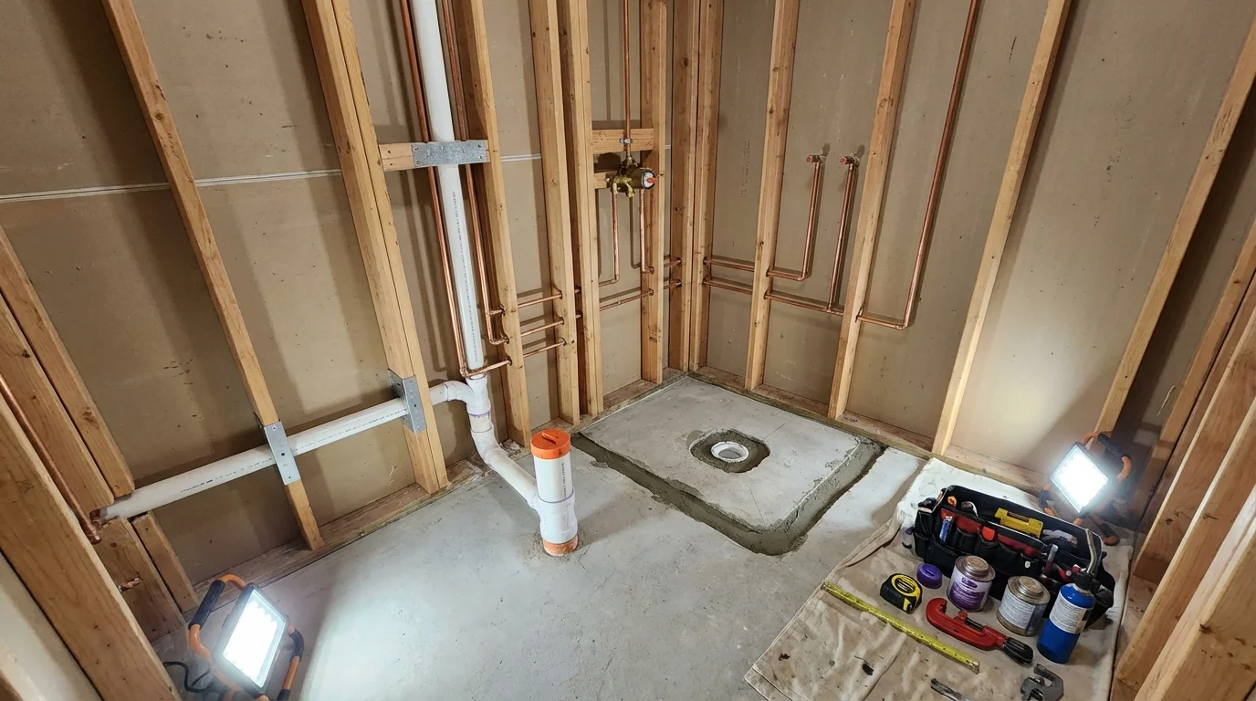 Bathroom rough-in plumbing during remodel by Johns Plumbing LLC in Fort Benton