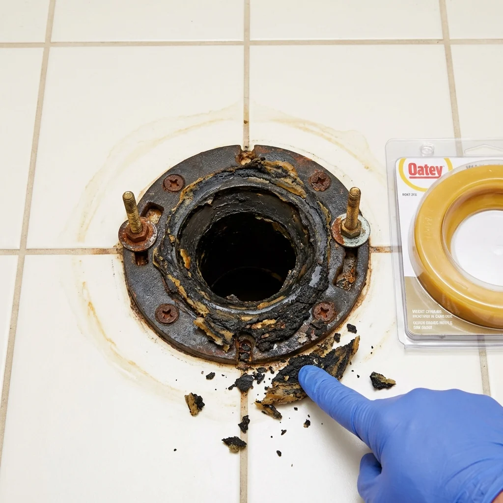 Failed wax ring showing water seepage at the base of a toilet in a Fort Benton, MT home