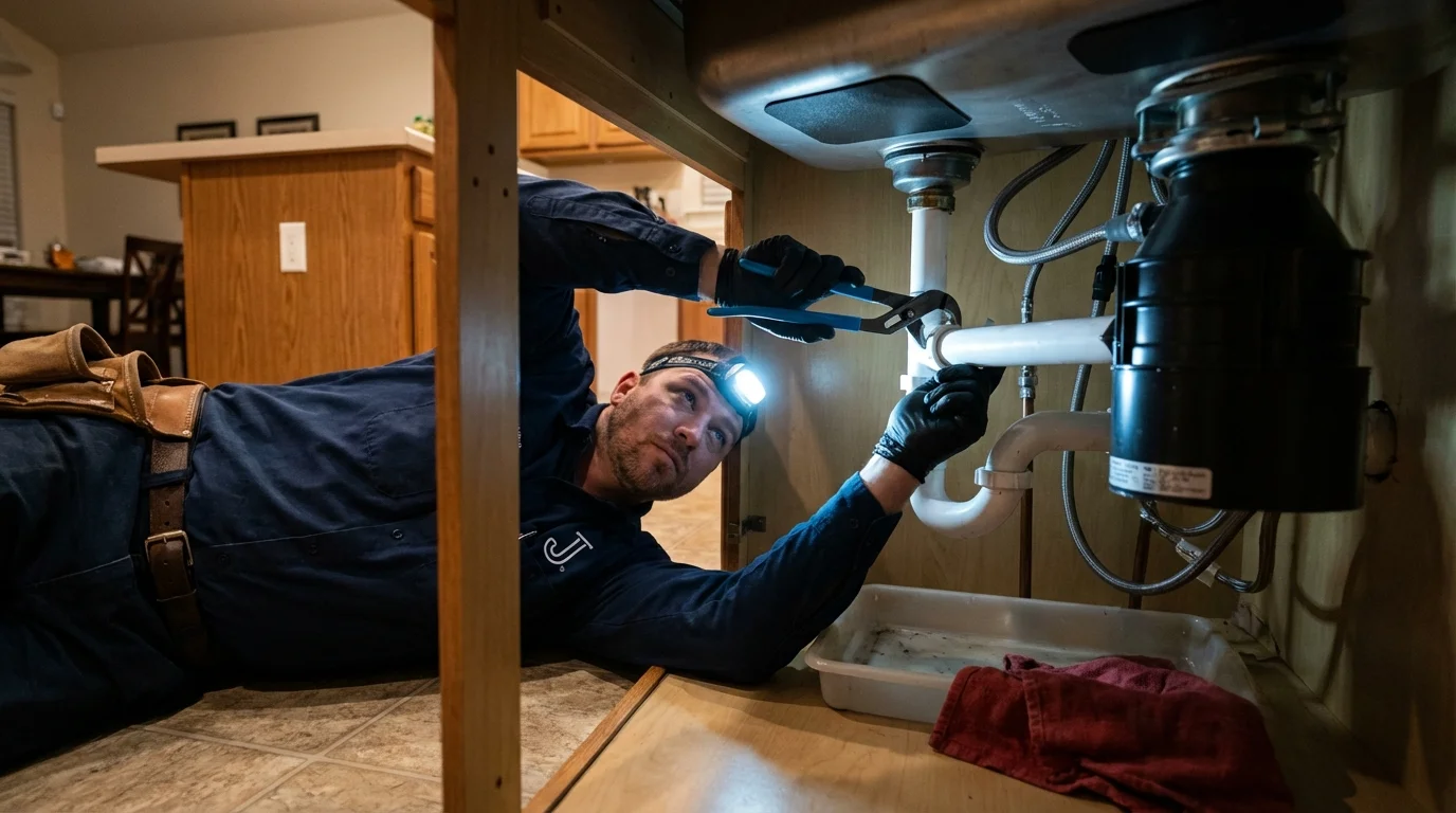 P-trap and supply line connections under a kitchen sink showing a common leak point in Fort Benton, MT
